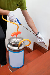 Termites extermination, worker spraying formula on wooden stair