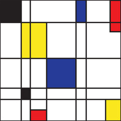 Mondrian seamless pattern. Bauhaus abstract checked geometric style background in blue, red,yellow and black. Colorful vector illustration. Mosaic Piet Mondrian emulation - 364656450