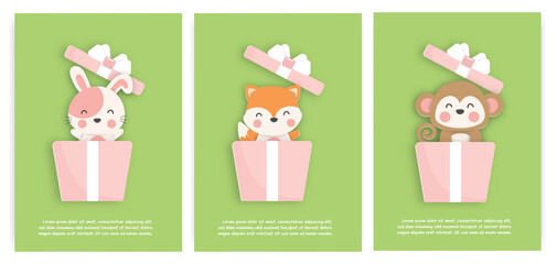 Set of birthday cards with cute fox , monkey and tiger in a gift box.  paper cut style.
