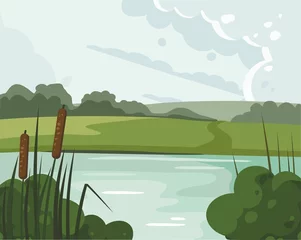 Stof per meter River landscape with reed. Nature illustration © irina