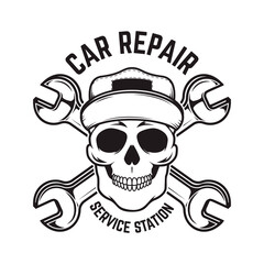 Car repair. Service station. Emblem template with skull and crossed wrenches. Design element for logo, emblem, sign, poster, card, banner. Vector illustration