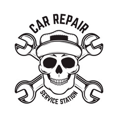 Fototapeta premium Car repair. Service station. Emblem template with skull and crossed wrenches. Design element for logo, emblem, sign, poster, card, banner. Vector illustration