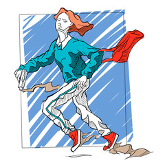 Comic vector illustration - running girl with a gun full color