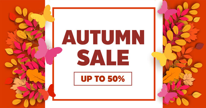 
Autumn sale banner with leaves in paper cut style.