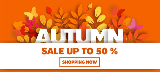Fototapeta na wymiar Autumn sale banner with leaves in paper cut style.