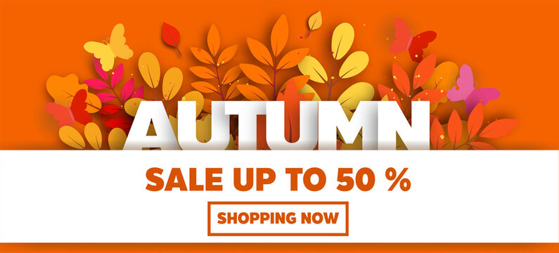
Autumn sale banner with leaves in paper cut style.