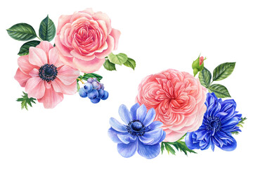 Watercolor delicate flowers blue anemones, roses, dahlias. Bouquet of flowers on a white background. 