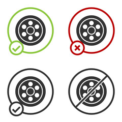 Black Alloy wheel for a car icon isolated on white background. Circle button. Vector Illustration.