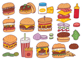 Set of burger doodles isolated on white background