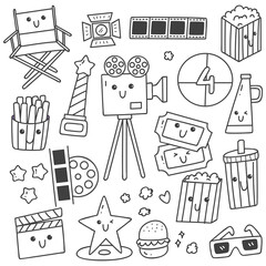Set of kawaii style movie doodles line art