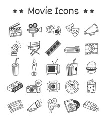 Set of Movie Icons in Doodle Style Vector Illustration