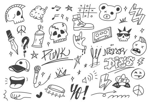 Set of graffiti doodle, punk music hand drawn scribble 