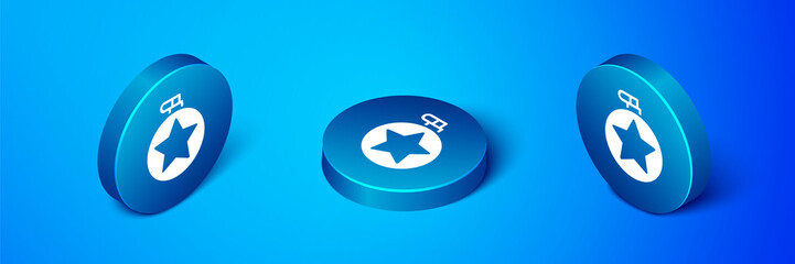 Isometric Canteen water bottle icon isolated on blue background. Tourist flask icon. Jar of water use in the campaign. Blue circle button. Vector Illustration.