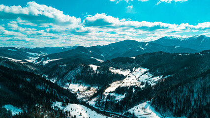 Carpathian mountain range panorama winter aerial view beautiful view