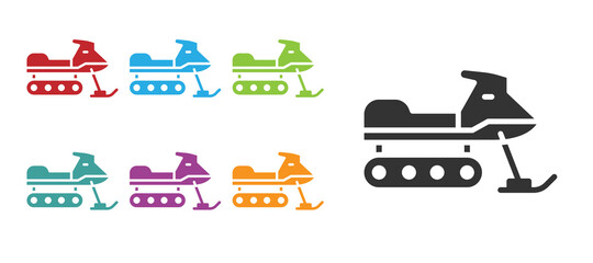 Black Snowmobile icon isolated on white background. Snowmobiling sign. Extreme sport. Set icons colorful. Vector Illustration.