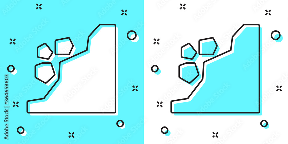 Poster Black line Landslide icon isolated on green and white background. Stones fall from the rock. Boulders rolling down a hill. Rockfall. Random dynamic shapes. Vector Illustration.