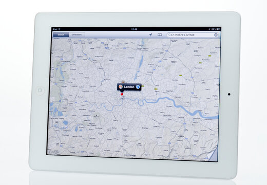 London, England - January 10, 2013: Apple Ipad showing Map App, The Ipad was released 2010