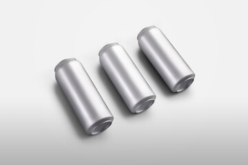 Mockup blank tin cans with beer or alcohol lying in a row on a white background, top view.