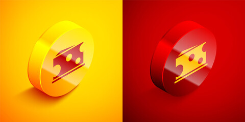 Isometric Cheese icon isolated on orange and red background. Circle button. Vector Illustration.