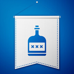 Blue Alcohol drink Rum bottle icon isolated on blue background. White pennant template. Vector Illustration.