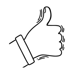 Thumb in the style of Doodle. A sketch of a finger pointing up with a black outline. Icon of the like sign. Social approval. Social network. Print for a t-shirt or your design. Vector illustration.