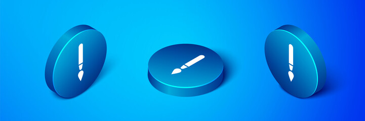 Isometric Paint brush icon isolated on blue background. Blue circle button. Vector Illustration.