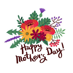Mothers day background with hand written text Happy Mothers Day and a bouquet of flowers and leaves. Vector illustration