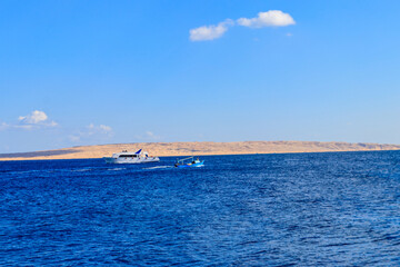 Old fishing boat and white luxury yacht sails in the Red sea, Egypt