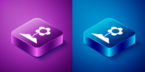 Isometric Flower icon isolated on blue and purple background. Square button. Vector Illustration.