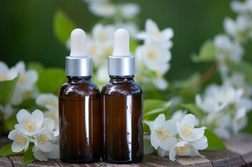 Essential Jasmine oil. Bioproduct, organic cosmetics. Perfumery, cosmetology, aromatherapy