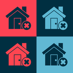 Pop art House with wrong mark icon isolated on color background. Home and close, delete, remove symbol. Vector Illustration.