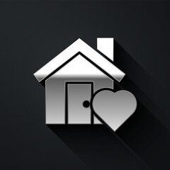 Silver House with heart shape icon isolated on black background. Love home symbol. Family, real estate and realty. Long shadow style. Vector Illustration.