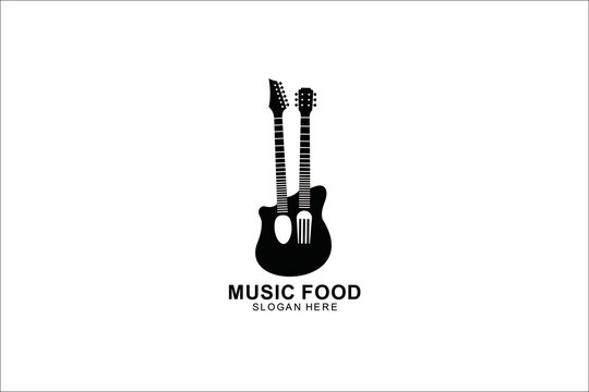 guitar and spoon, fork logo template design. symbol illustration.