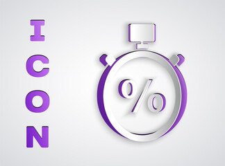 Paper cut Stopwatch and percent icon isolated on grey background. Time timer sign. Paper art style. Vector Illustration.