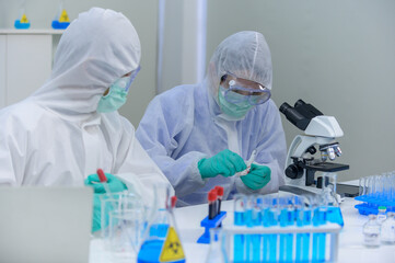 Scientist team researching Coronavirus cure in the laboratory. Asian Doctor working on vaccine...