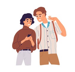 Happy couple look at screen of smartphone together vector flat illustration. Smiling man and woman read news or message having positive emotion isolated. Joyful people smiling hold mobile phone