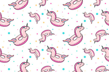 Vector seamless pattern with the image of a pink unicorn swimming circle. The illustration is drawn in doodle style. Design for printing cards, posters, fabrics, baby clothes.