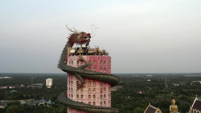 Drone Shot Flying Close Up Wat Samphran Dragon Temple