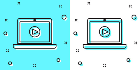 Black line Online play video icon isolated on green and white background. Laptop and film strip with play sign. Random dynamic shapes. Vector Illustration.