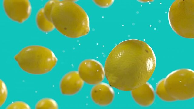 Ripe Yellow Lemons Falling Down with Water Drops in Super Slow Motion on Solid Blue Background. Endless Seamless Loop 3D Animation