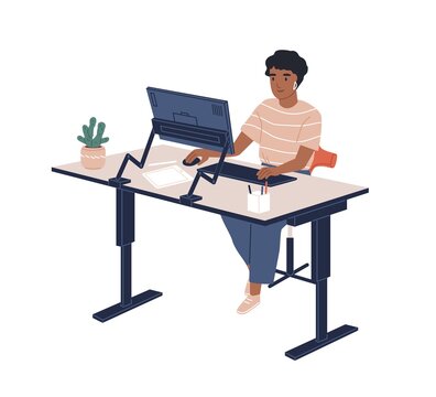 Smiling black skin female employee sitting at modern ergonomic workplace vector flat illustration. Joyful woman working at computer isolated on white. Contemporary office adjustable furnituring
