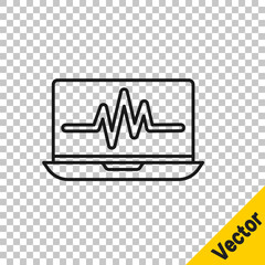 Black line Laptop with cardiogram icon isolated on transparent background. Monitoring icon. ECG monitor with heart beat hand drawn. Vector Illustration.