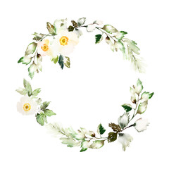 Watercolor card with delicate anemones on a white background. Bouquet of summer flowers.