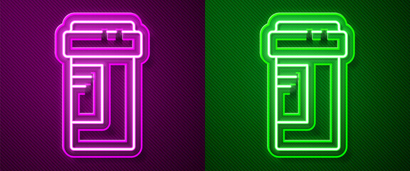 Glowing neon line Medicine bottle icon isolated on purple and green background. Bottle pill sign. Pharmacy design. Vector Illustration.