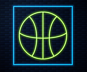 Glowing neon line Basketball ball icon isolated on brick wall background. Sport symbol. Vector Illustration.