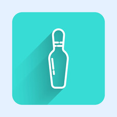 White line Bowling pin icon isolated with long shadow. Green square button. Vector Illustration.