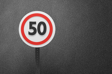 3D Illustration of a Speed limitation sign board pattern on dark background, textured traffic rules concept.