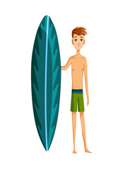 Summer beach activities. Guy standing with surfboard. Beach vacation. Cartoon style