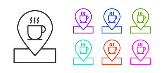 Black line Location with coffee cup icon isolated on white background. Set icons colorful. Vector Illustration.