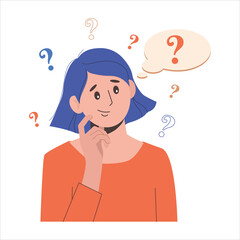 Portrait of young troubled woman. Girl with question mark in think bubble. People thinking or solving problem. Dilemma vector flat cartoon concept illustration isolated on white background.
